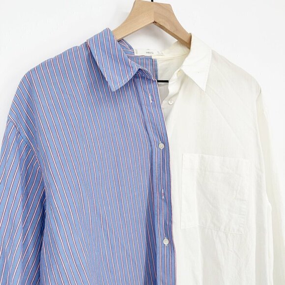 Mango MNG Pinstripe Color Block Oversized Shirt Button Down Blue White Women's S - Picture 5 of 10